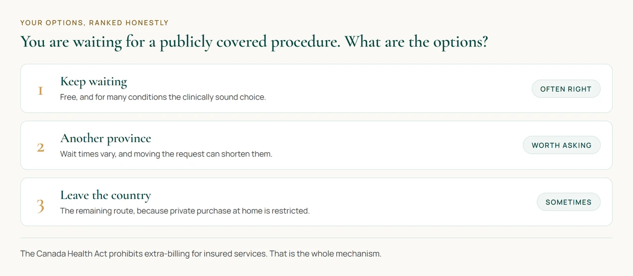 Three routes for a Canadian patient facing a surgical wait. Keep waiting, travel to another province, or leave the country, because paying privately at home is generally not available for publicly covered procedures.