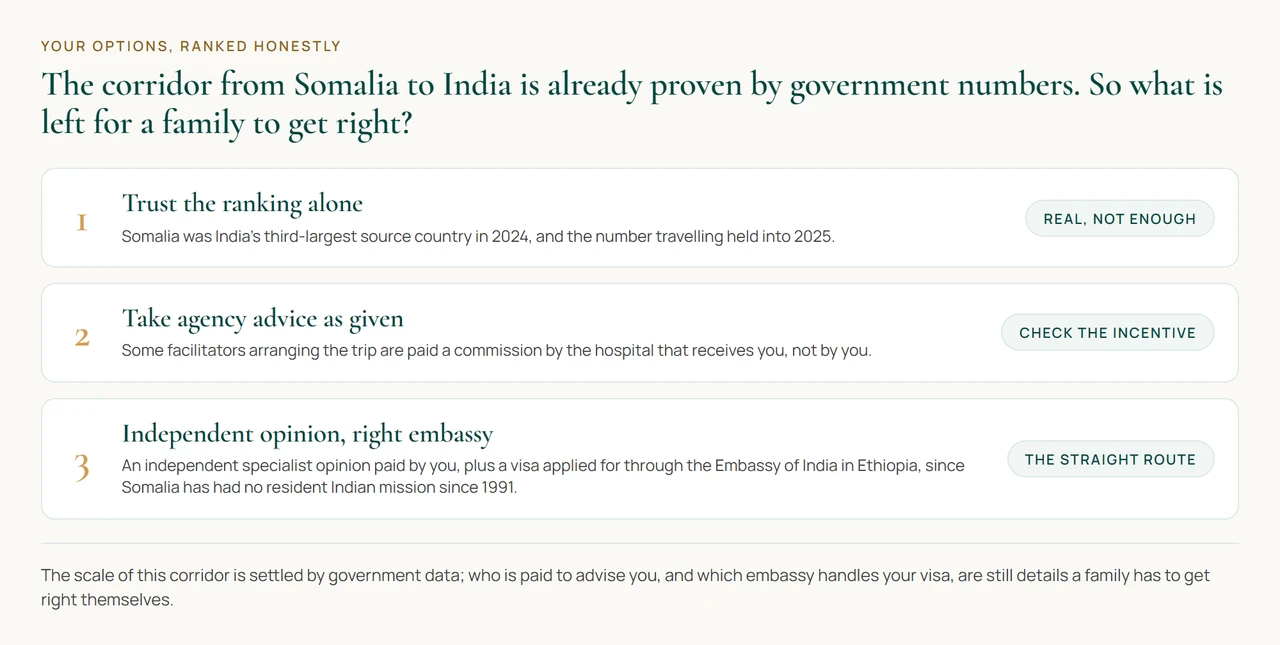 A diagram showing three ranked options for a Somali patient choosing how to arrange treatment in India, from trusting travel volume alone to commission-paid agency advice to an independent opinion paired with the correct visa route.
