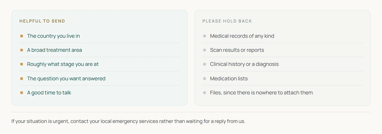 What to include when you first make contact and what to hold back. Country, timeline and a broad treatment area on one side, and medical records, scan results and clinical history on the other.